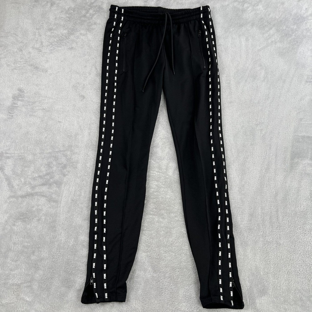 PINK Victoria Secret Logo Tape Track Pants S Black Women Zip Ankle Joggers Y2K